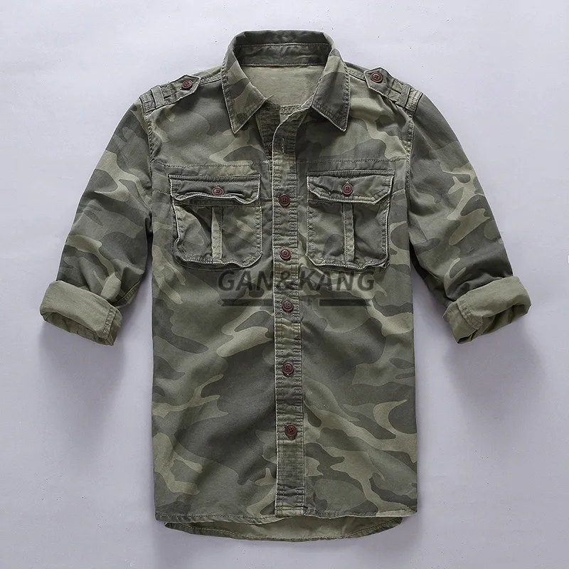 

Мужская повседневная рубашка American Vintage из хлопка с эффектом потертости, камуфляжная, приталенная, в стиле рабочей одежды, тонкая, с отложным воротником, с длинным рукавом