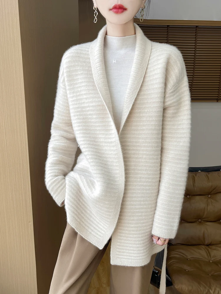 Women V-neck Mid-Long Style Cardigan Fashion Loose Long Sleeve Sweater Spring Autumn Basic Clothes 100% Merino Wool Knitwear