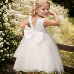 New Solid Color Pearl Bow Sleeveless Mesh Fluffy Skirt for Girls Christmas Halloween Birthday Party Princess Dress for 2-10 Year