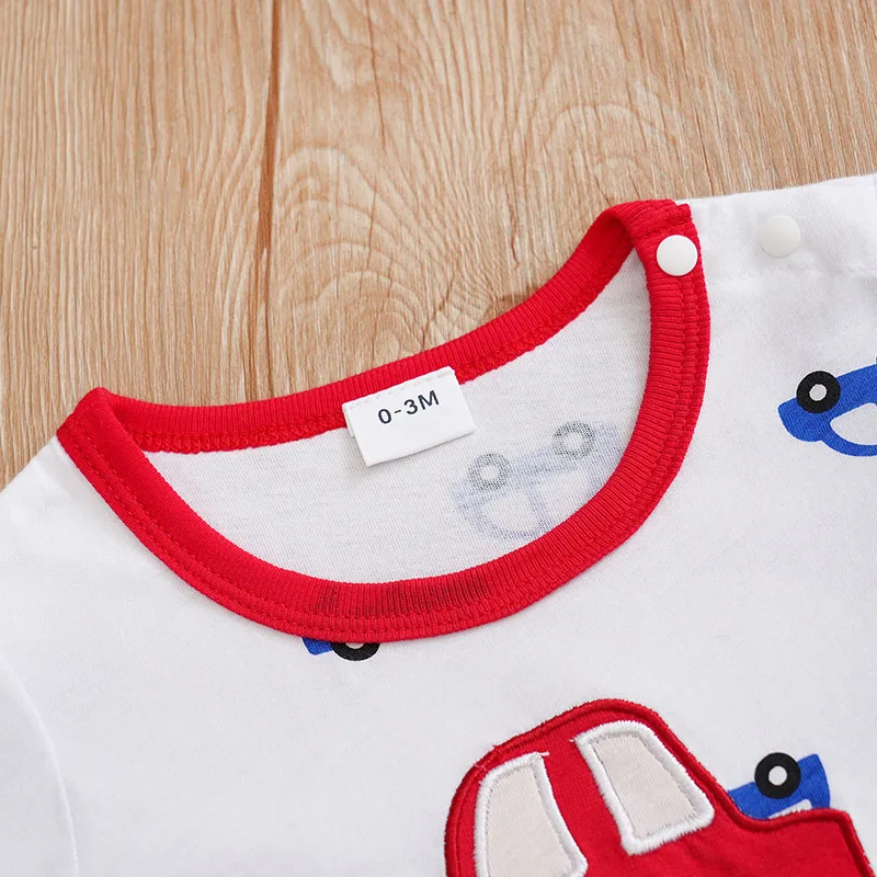 Summer Boys And Girls Cute Cartoon Car Embroidery Cotton Comfortable Casual Short Sleeve Baby Bodysuit