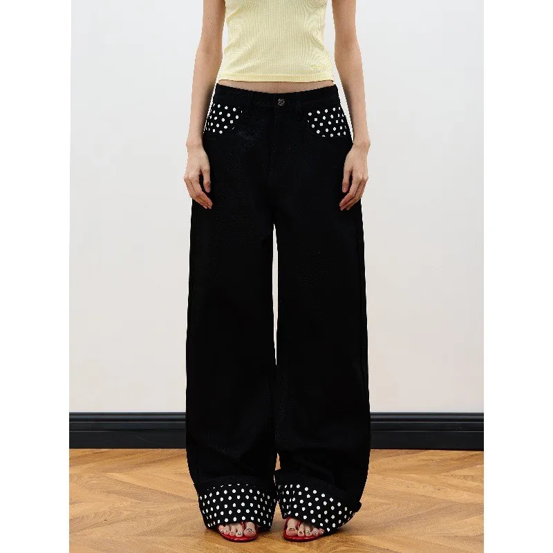 Black Straight Leg Jeans Retro American Retro Design Polka Dot Cuffed Pants Men Women Casual Comfortable Non Shrink PU