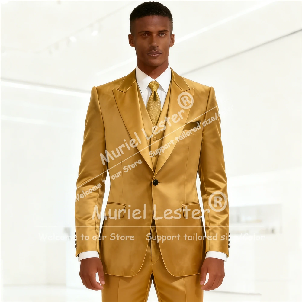 Elegant Gold Satin Suit Men Slim Fit 3 Piece Groom Wedding Tuxedos Simple Design Prom Blazers Customized Evening Banquet Attire