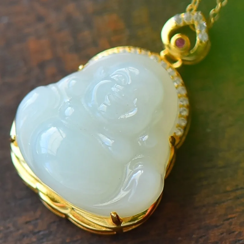 SGARIT Natural Hetian White Jade S925 Silver Maitreya Buddha Pendant 18*26mm Simple Design Fine Texture with Silver Chain