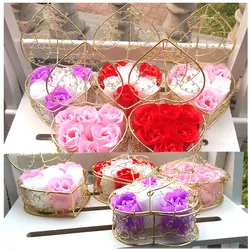 Random Heart Scented Bath Body Petal Rose Flower Soap Wedding Decoration Gold Plated Iron Basket Set Of 6 Soap Flower Roses