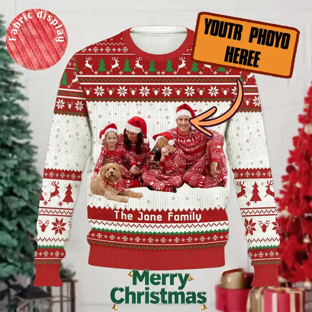 Christmas Custom Family Sweater Personalized DIY Photo Print Ugly Christmas Long-sleeved Tops Unisex Christmas Funny Pullover