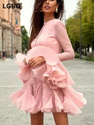 LGRQ Sexy O Neck Flare Sleeve Ruffles Mini Dress Women Pink White Long Sleeves Single Breasted Dresses evening dress 19ZZ115711M