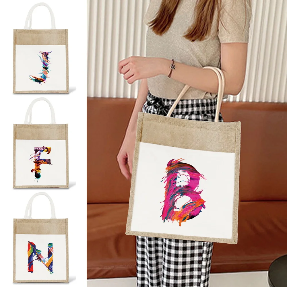 Tote Bag Vintage Jute Shopping Bag Portable Beach Shoulder Bags Casual Large Capacity Handbag Printing Paint Letter Series