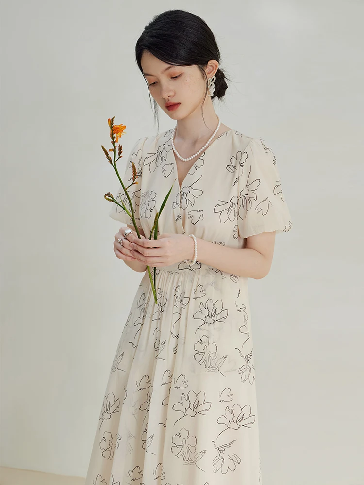 ZIQIAO Tea-break French Print Dress for Women High-end Special Line Flower Mid-length Elegant A-line Dress Female Summer New