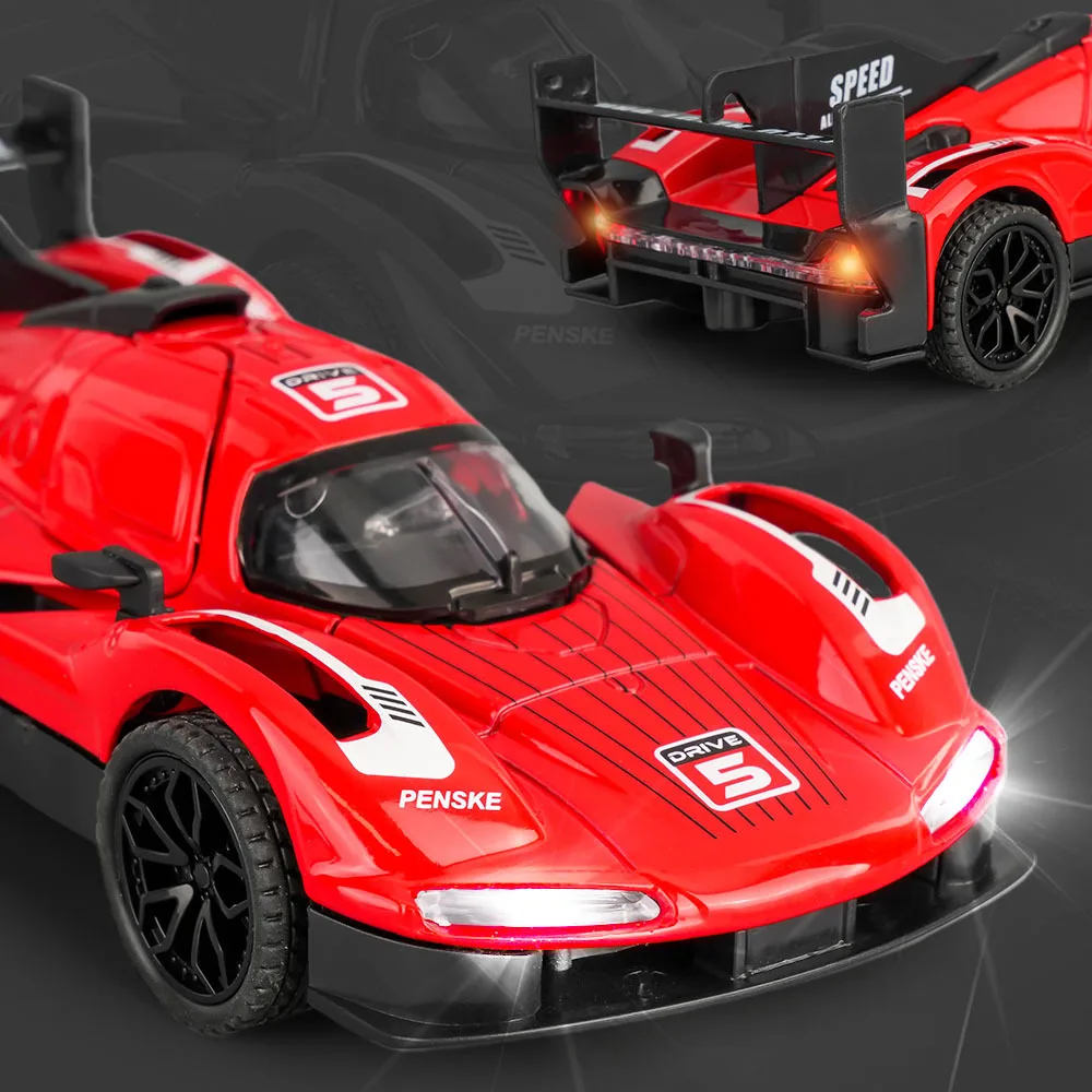 Model sportowego samochodu ze stopu 963 w skali 1:32 z mechanizmem pull-back, dźwiękiem, światłem i dekoracyjnym okienkiem, dla kolekcjonerów i fanów sportowych samochodów.