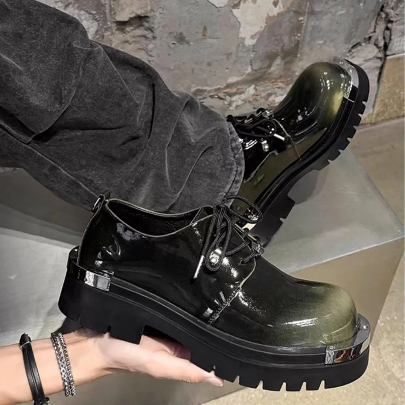 Shiny Patent Leather Thick Sole Height-increasing Derby Shoes Men's Big Toe Breathable Versatile Low-top Casual Leater Shoes