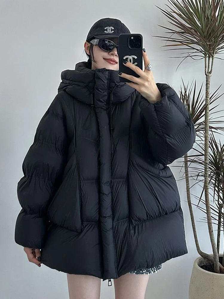 Winter New Puff Down Jacket Female Thickened White Duck Down Warm Coat Women Medium-length Loose Solid Thick Hooded Overcoat