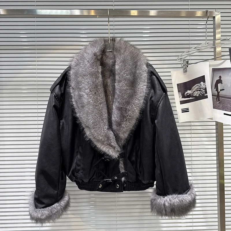 الشتاء كبير الفراء طوق بولي Leather سترة جلدية المرأة طويلة الأكمام ملابس خارجية دافئة غير رسمية الإناث الصلبة المغطاة زر سترات قطنية فضفاضة #5