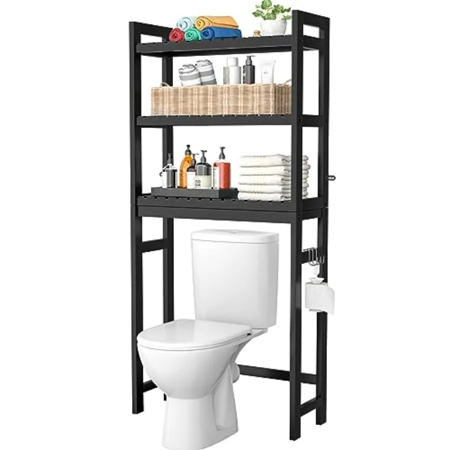 

Bamboo Over The Toilet Storage Shelf, 3-Tier Above Toilet Storage Organizer Rack with 3 Hooks, Freestanding Bathroom Tower Shel