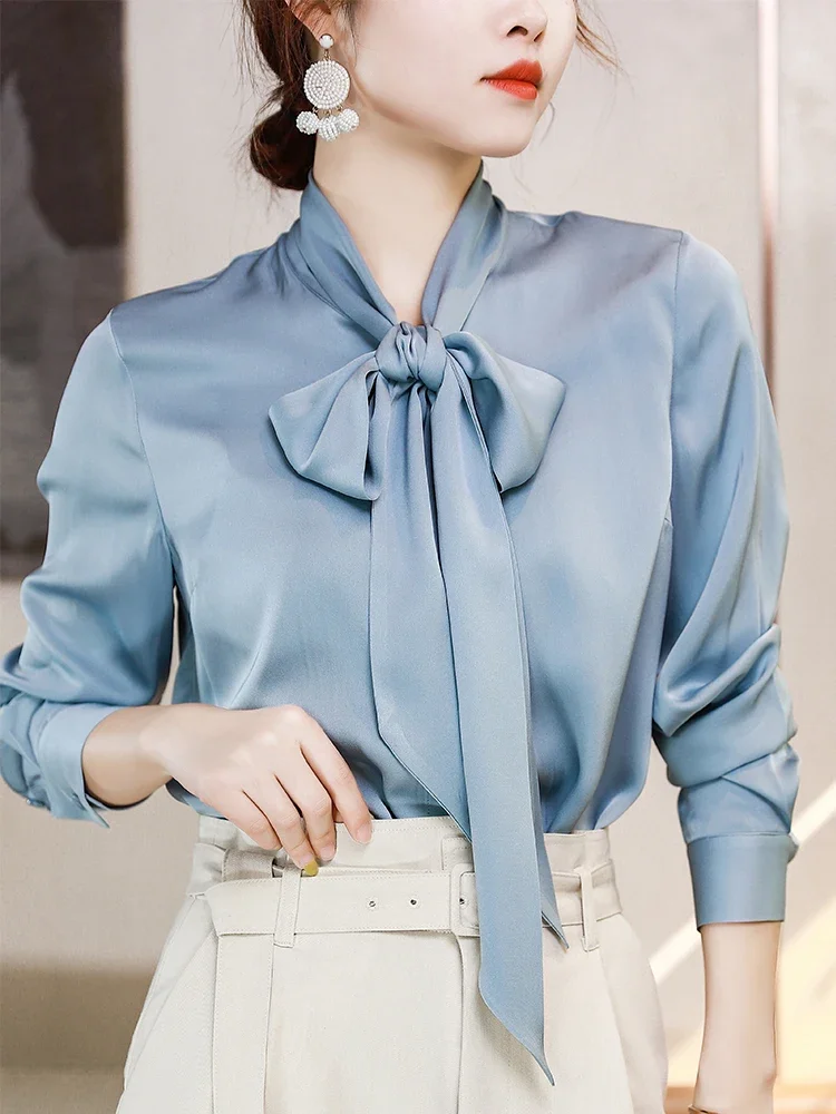 

23MM Women Silk Shirt White Women Luxury Brand Summer Spring Blue Female All-match Ribbon Blouse Top Mulberry Silk Shirt