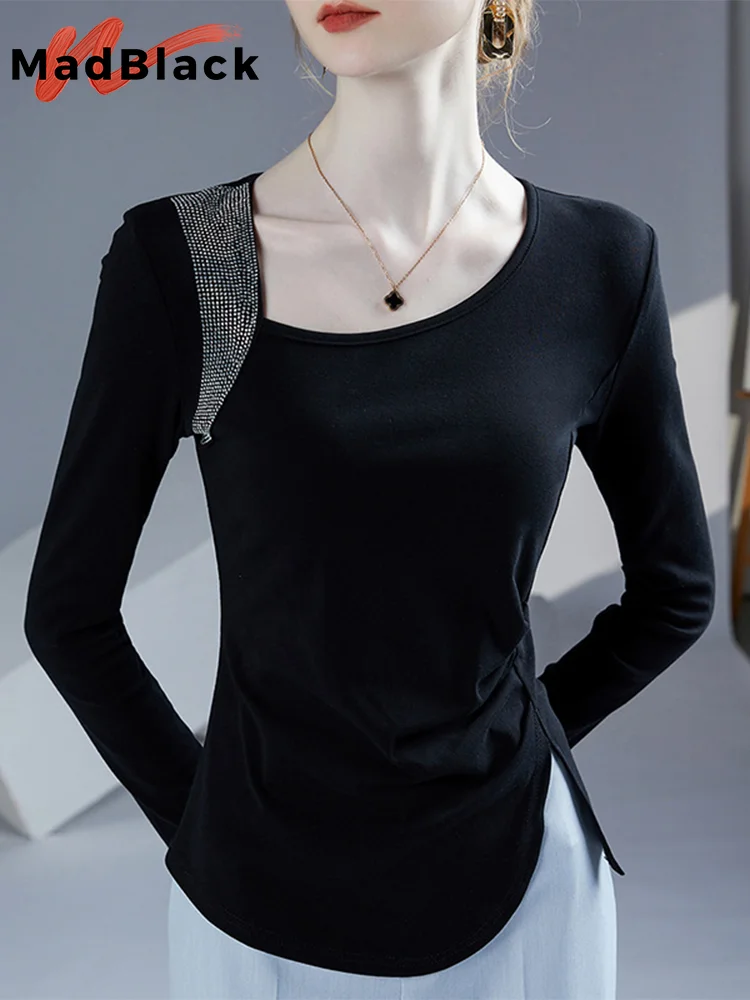 

MadBlack European Clothes Tshirt Women Sexy Slant Collar Diamonds Slim Cotton Slit Tops Full Sleeve Tee Spring Autumn T41301QM