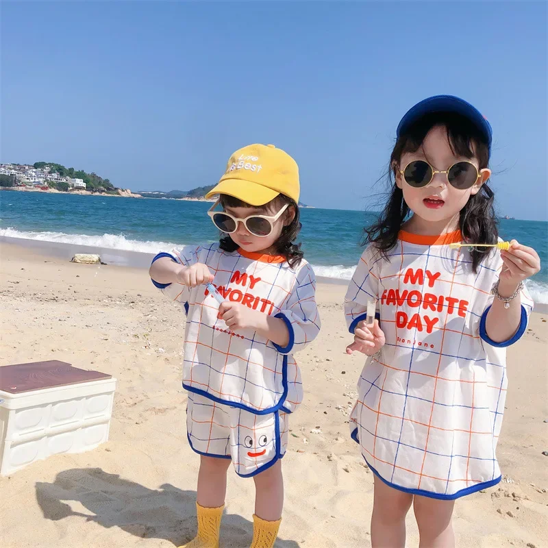 

2024 Korean Summer Children Boys Clothes Set Korean Style Short Sleeve T-Shirt Shorts Girls Dress Suit Brother And Sister Set