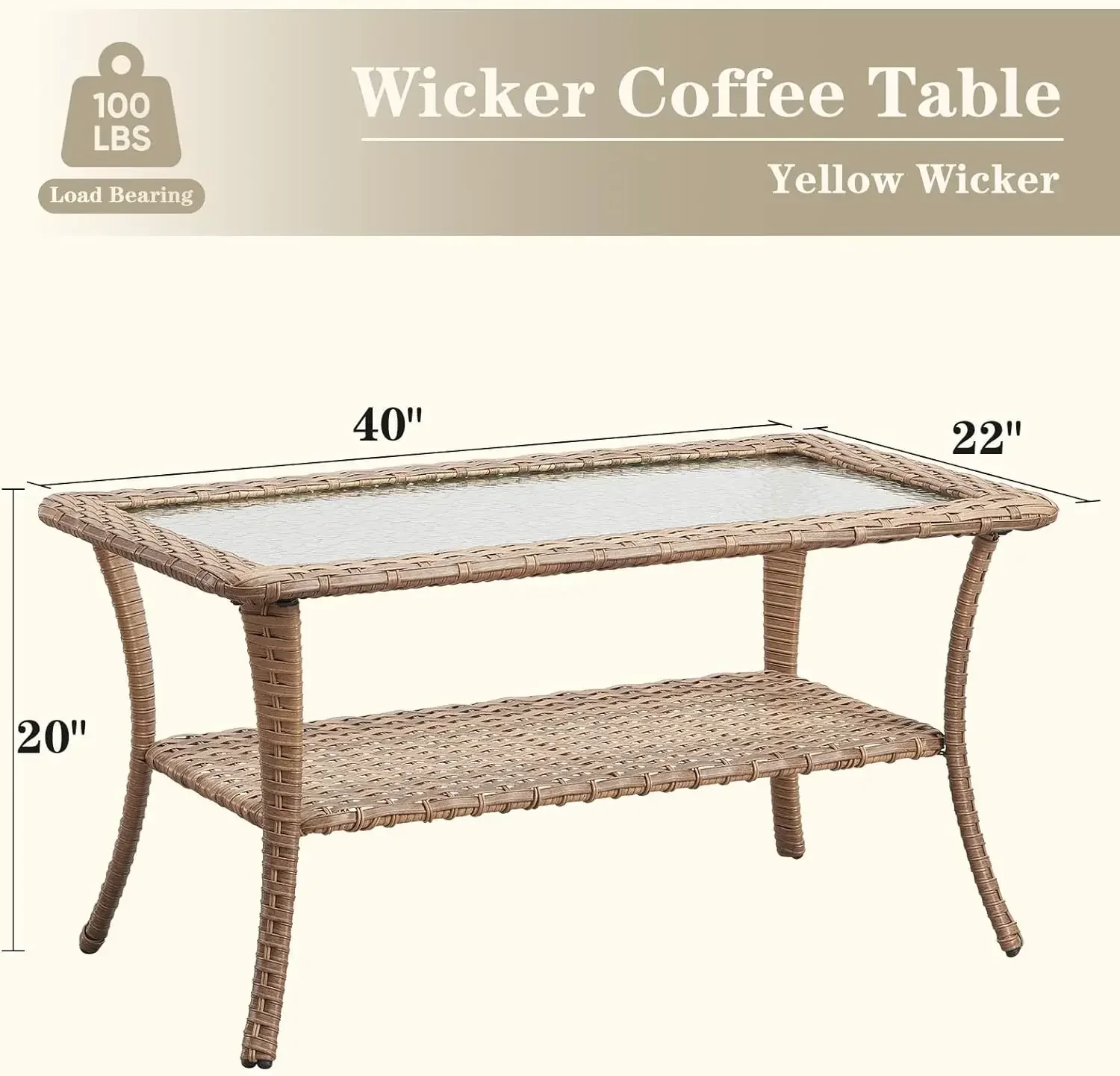 Outdoor Coffee Table for Patio - 40 Inch Rattan Patio Coffee Table with 2-Layer Storage, Rectangular Tempered Glass Outdoor Wick