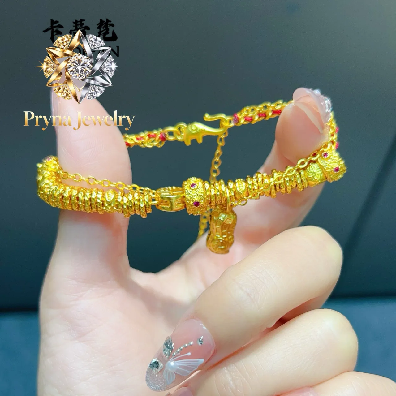 

Pryna Jewelry Luxury Jewelry 9999 24K real gold Fuzi peanut dish bracelet high-end design Chinese style red bracelet