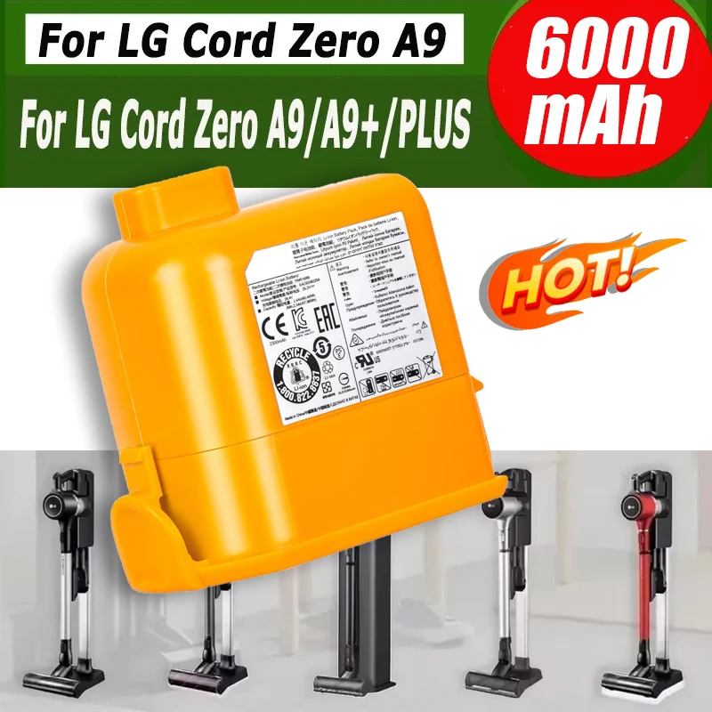 بطارية مكنسة كهربائية جديدة 5.0/6.0Ah EAC63758601 لـ LG Cord Zero A9، Cord Zero A9+، A9، Cord Zero A9 Plus، A9M، A958، A958SK