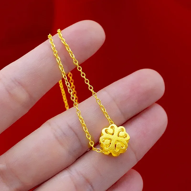 9999 Real Gold 24K Clover Necklace Japanese and Korean Gold Clover with O-shaped Clavicle Necklace