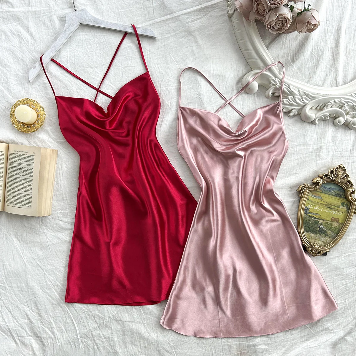 

Solid color camisole nightdress sexy pajamas home wear women's camisole dress two-piece set
