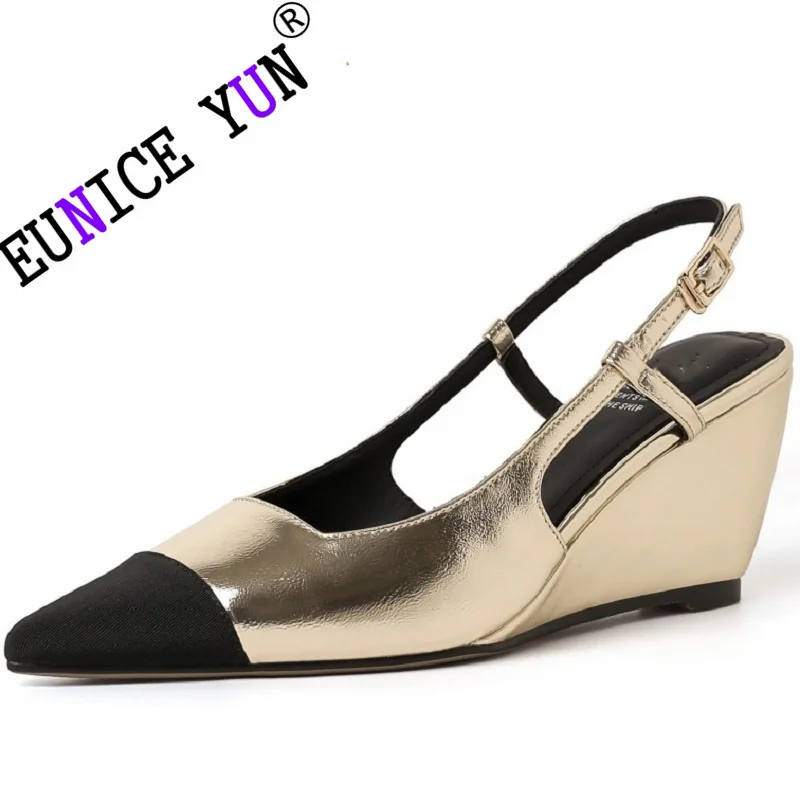 

【EUNICE YUN】New Luxury Design Women Genuine Leather sandals Slingback Shoes pointed retro ladies elegant temperament Mixed Color