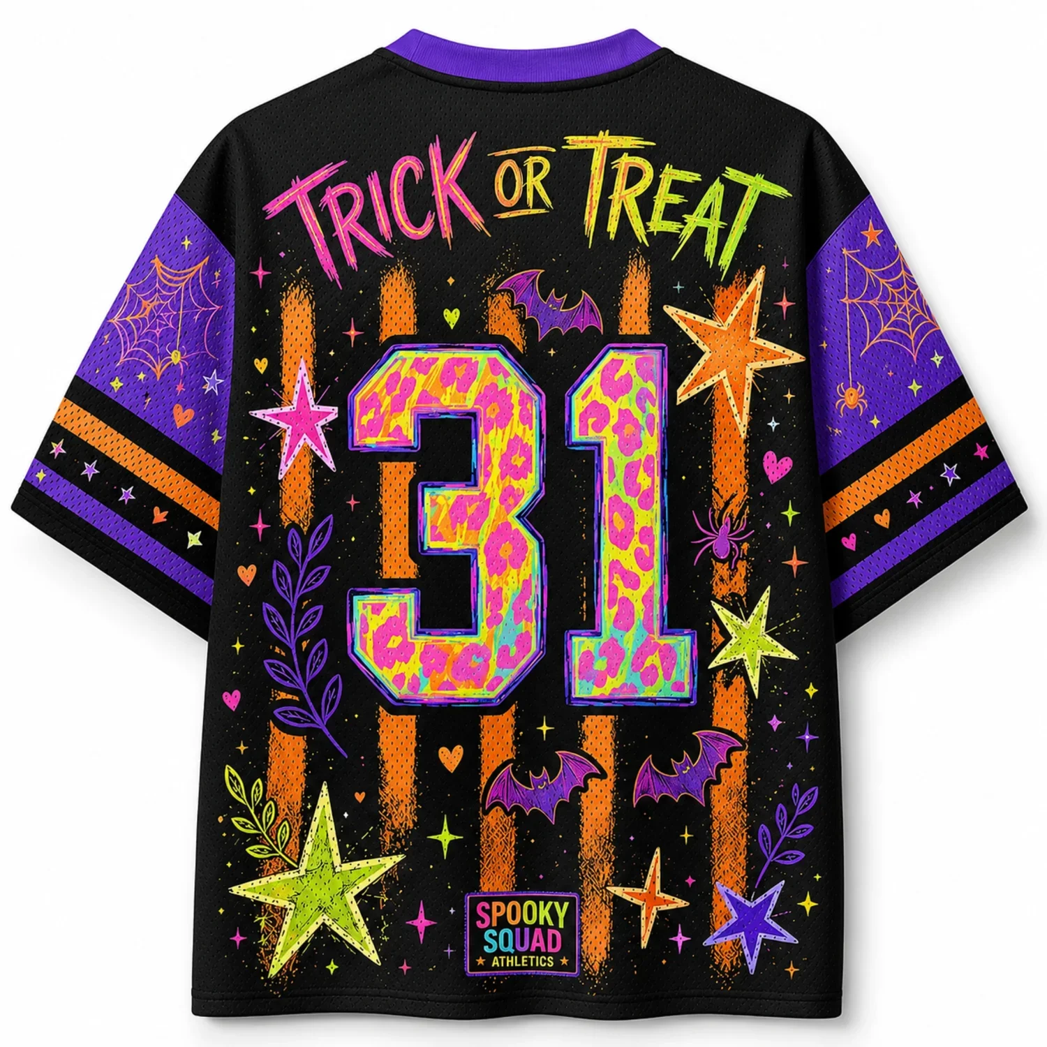 Halloween Trick or Treat # 31 T-shirt 3D Neon Leopard Print Pumpkin Bat Spider Web Star Pattern V-neck Short Sleeved Casual Top
