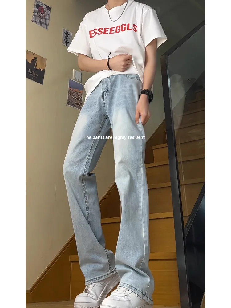 

Ультратонкие мужские джинсы ледяного синего цвета с высокой талией, прямые брюки удлиненной длины, модные летние брюки High Street Sle