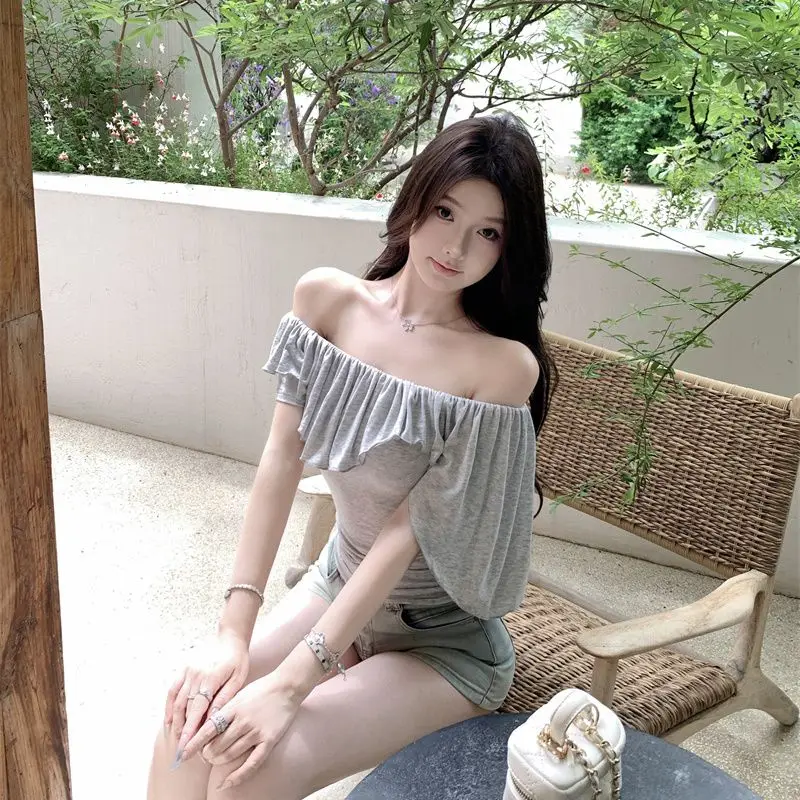 Summer New Pure Desire Irregular Ruffled Off Shoulder Slim Fit Top Women Super Fairy Atmosphere Spicy Girl T-shirt