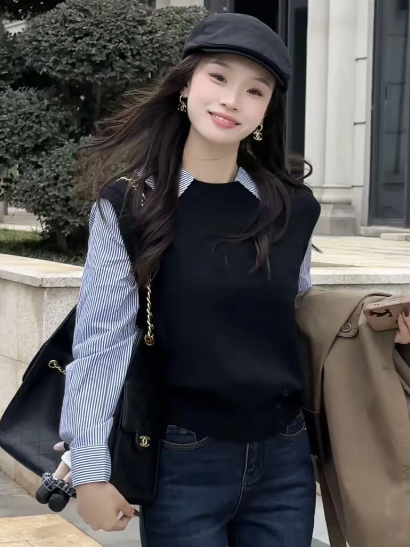 

Women's Knitted Loose Fit Stripe Patchwork Collar Sweater Autumn 2025 New Sle Slimming Versatile Top Coolmax Fiber Long Sve