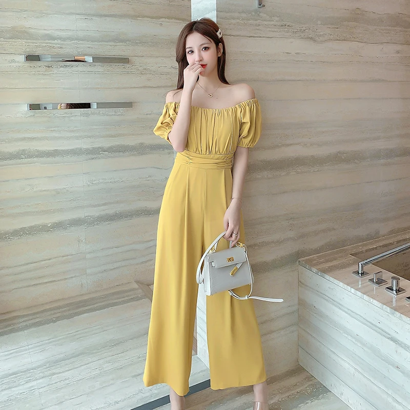 

Off Shoulder Rompers Jumpsuits Women 2021 Elegant Fold Sexy Office Ladies Wide Leg Long Pants Jumpsuits Pocket Long Playsuits