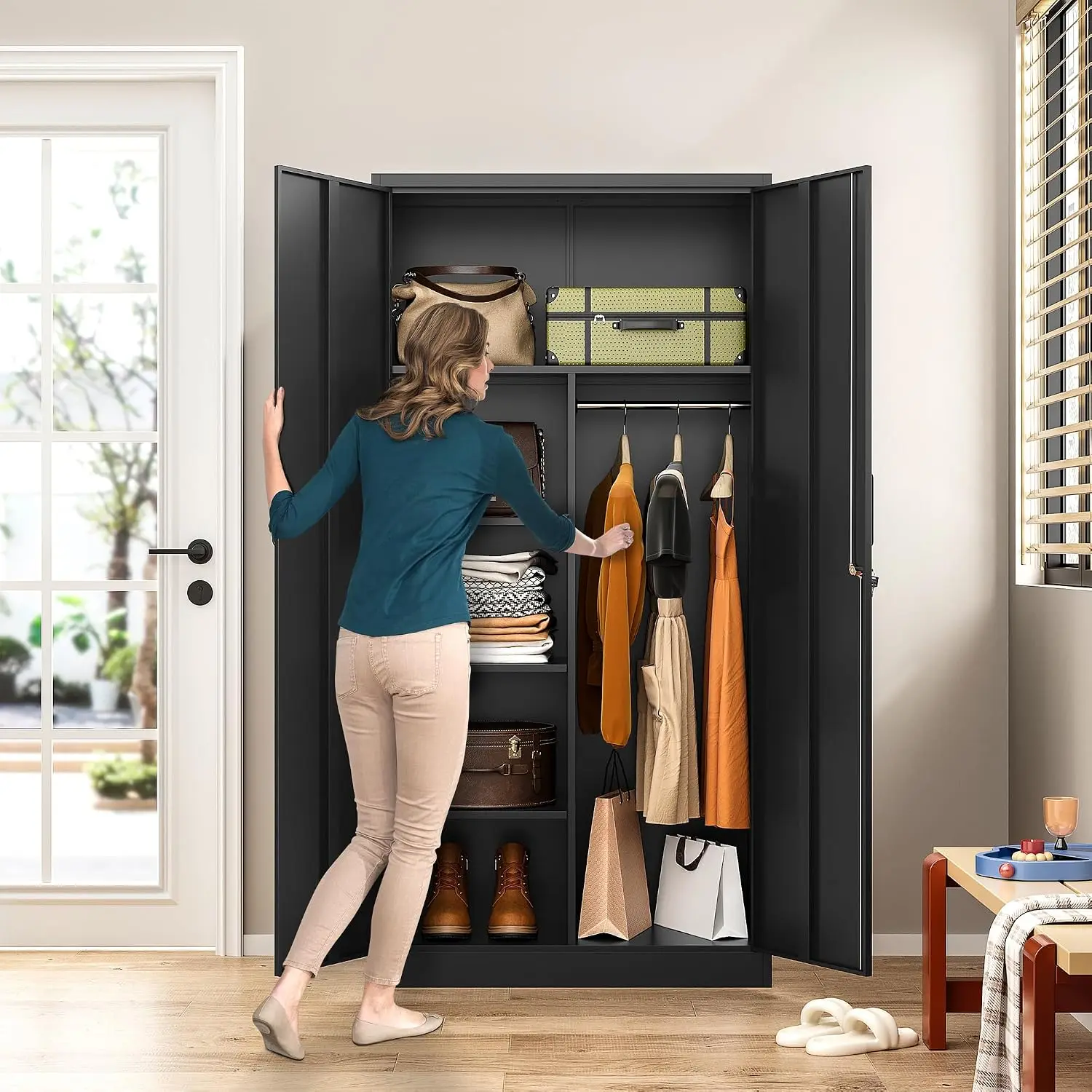 Tall Metal Storage Cabinet Organizer, Locking Wardrobe Cupboard With Clothes Hanging Rod And Adjustable Shelves, Steel Broom Tool Locker For Garage Home Office, Modern Black Furniture