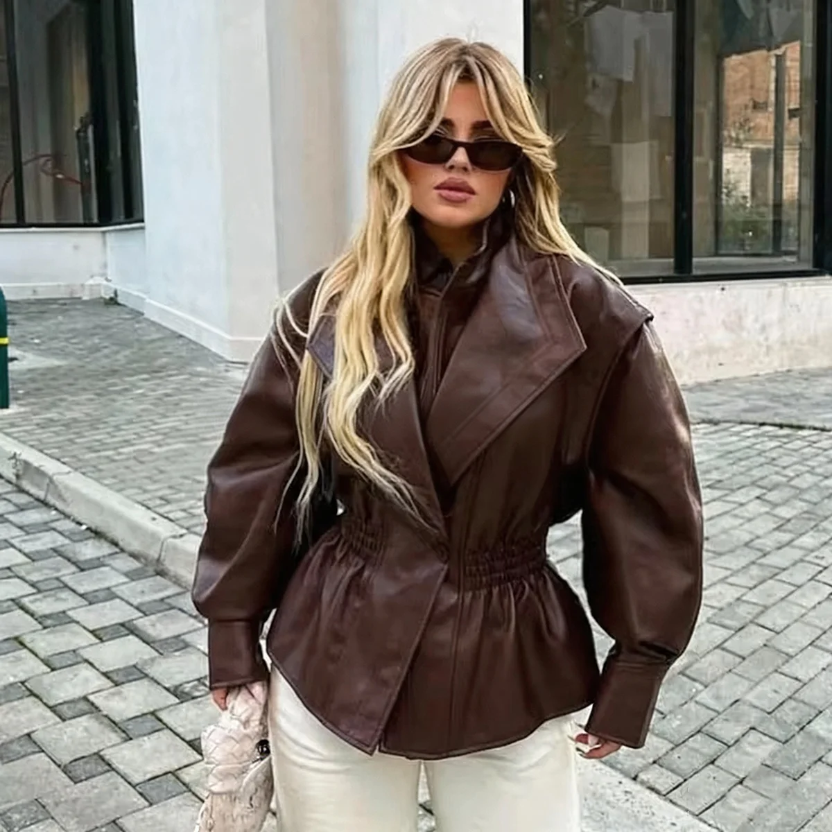 2026 Autumn Winter Women Faux Leather Jacket Lapel Collar Ruched Waist Peplum Hem Single Button Coat