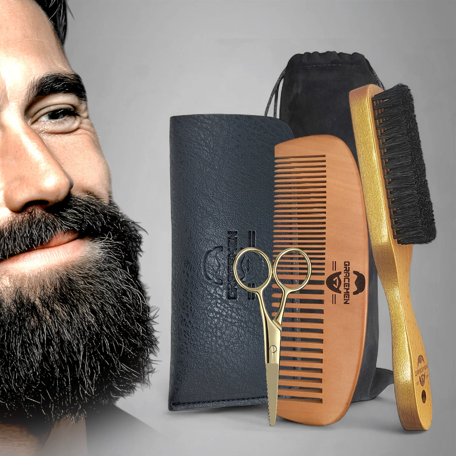 Набор для бороды Gracemen Golden Beard Set — кисть для бороды из щетины кабана, расческа для бороды с тонкими и широкими зубьями, ножницы и дорожная сумка, наборы для ухода за бородой