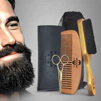 Gracemen Golden Beard Kit - Boar Bristles Beard Brush & Fine and Wide Teeth Beard Comb & Scissors & Travel Bag Grooming Set