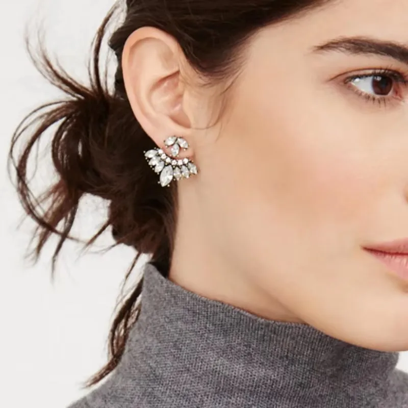 Crystal Fan Shape Detachable Studs Earrings for Women Rhinestones Ear Jacket Earrings Gift Double side