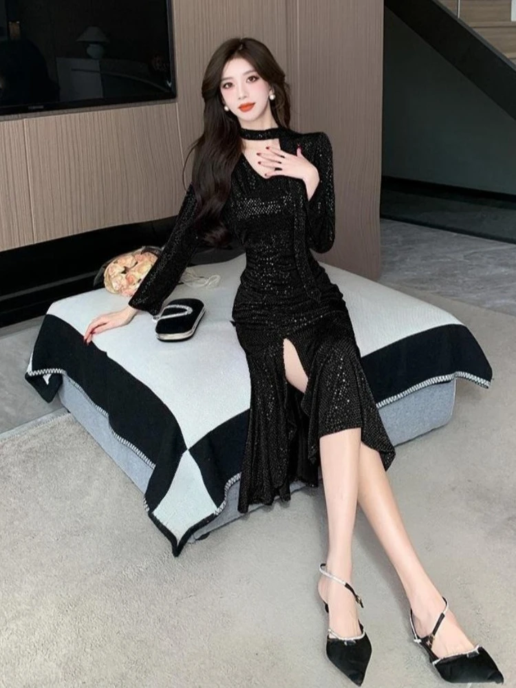 

Элегантное вечернее платье-русалка с V-образным вырезом, пайетками, оборками, завязками на талии и боковым разрезом, облегающее, длинное, для женщин