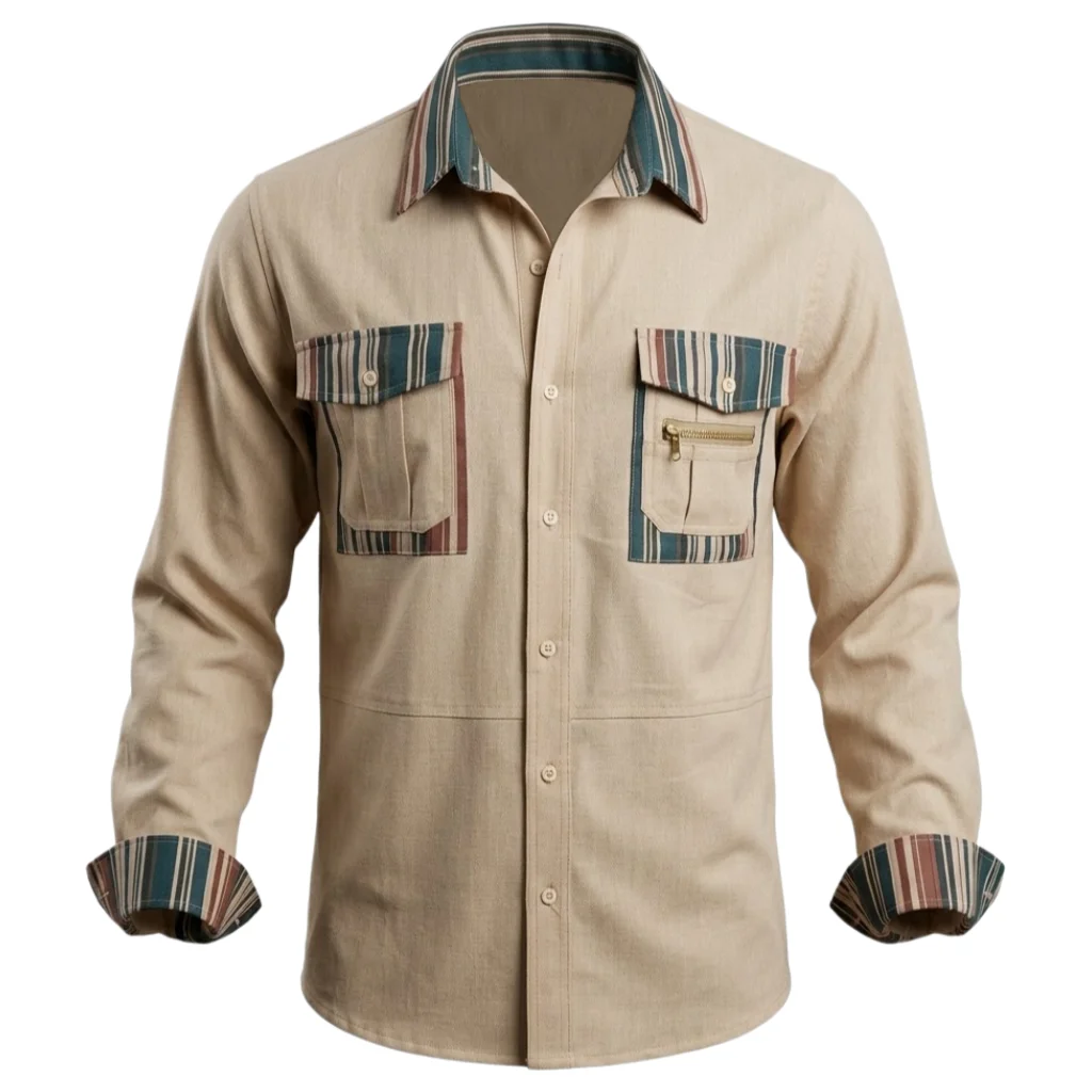 

American Retro T-Shirt Men's Long Sleeve Business Shirt Cotton Thin Color Blocking Casual Spring Summer Shirts Multi-Pocket