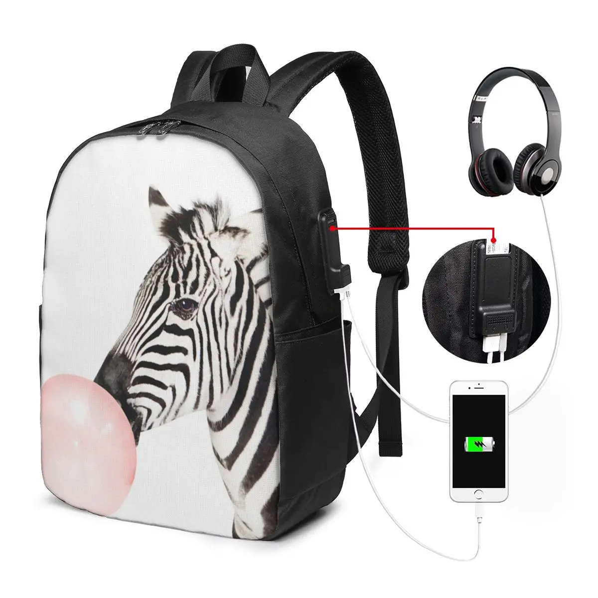 

Zebra Print Bubble Gum Backpack Travel Notebook Bag Computer College Student School Bag Laptop Shoulder Bags for Men Women