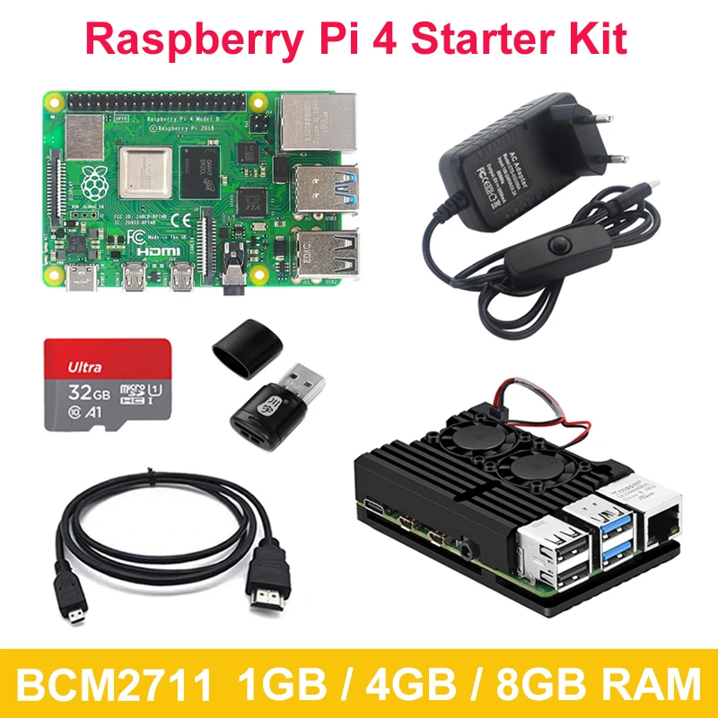 

Raspberry Pi 4 стартовый комплект, 8 ГБ, 4 Гб, 1 ГБ ОЗУ, плата с алюминиевым корпусом, адаптер питания, кабель, совместимый с Micro HDMI