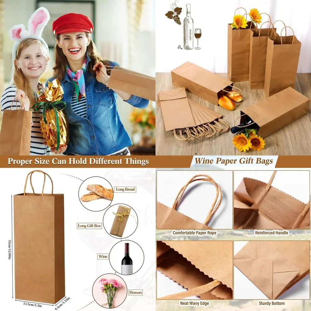 

Set of 200 Kraft Paper Wine Bags, 13x5.3x3.3 Inches, with Handles for Small Business Gifts and Shopping