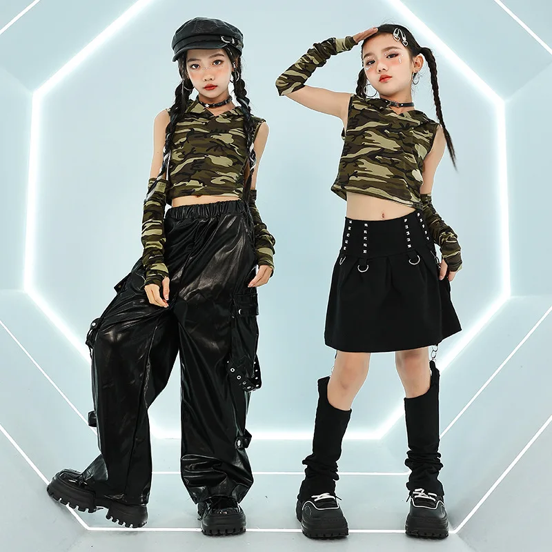 Girls Jazz Dance Performance Costume Hip Hop Kpop Stage Outfit Kids Fashion Clothes Camouflage Tank Top Black Pants Skirt DL1147