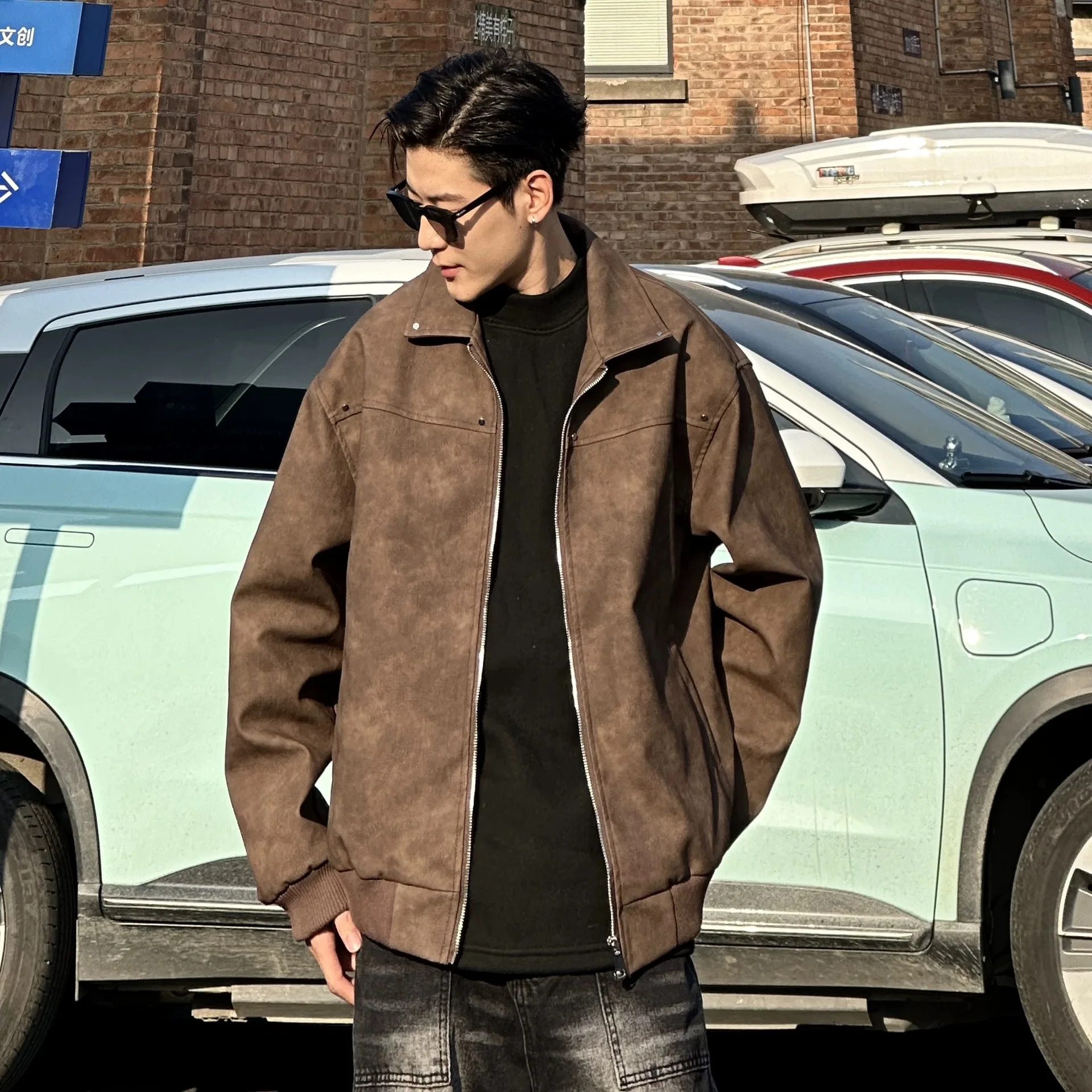

American Vintage Leather Jacketd for Men Korean Fashion Lapel Baseball Jacket Maillard Style Streetwear Coat Y2k Men Clothing