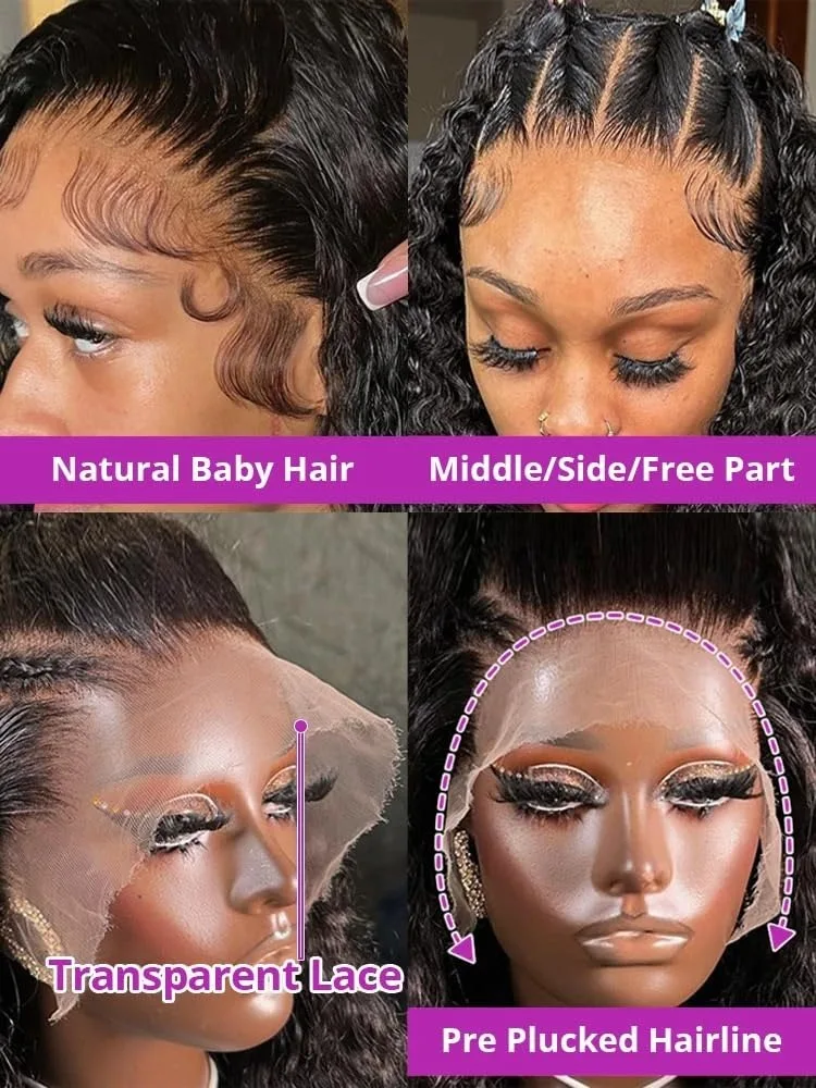 13x6ディープウェーブ人毛ウィッグ 36インチ/44インチ 250%密度 透明HDレースフロント人毛ウィッグ カールレースフロントウィッグ 女性用