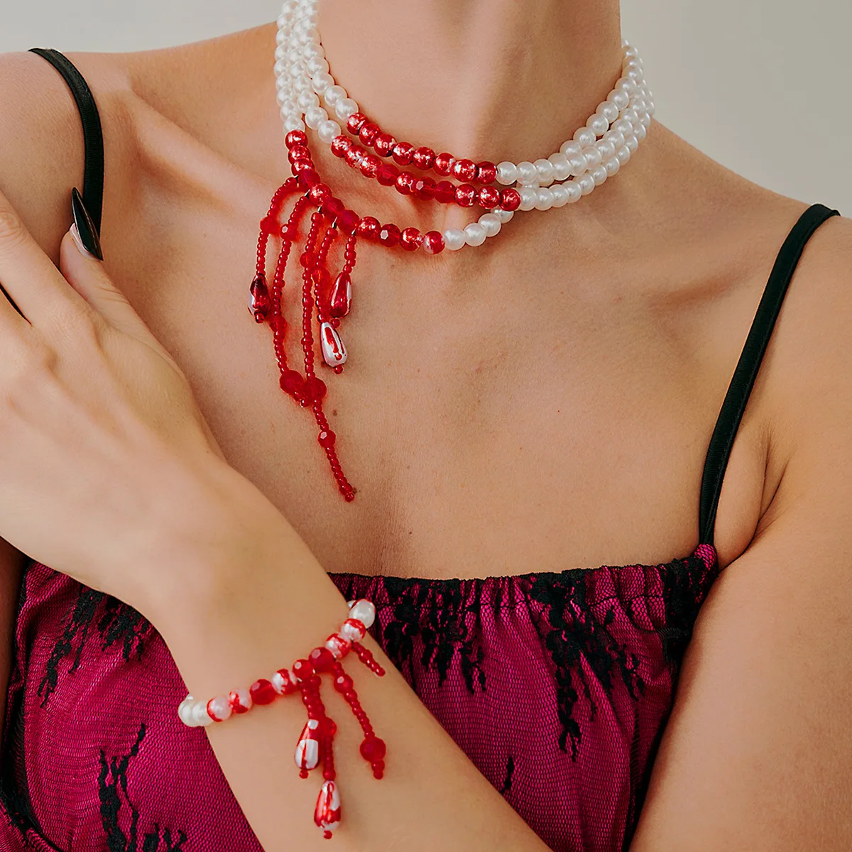 Layered Faux Pearl Choker Necklace French Vintage Blood Drip Tassel Antique Silver Tone Lightweight Elegant for Women Halloween