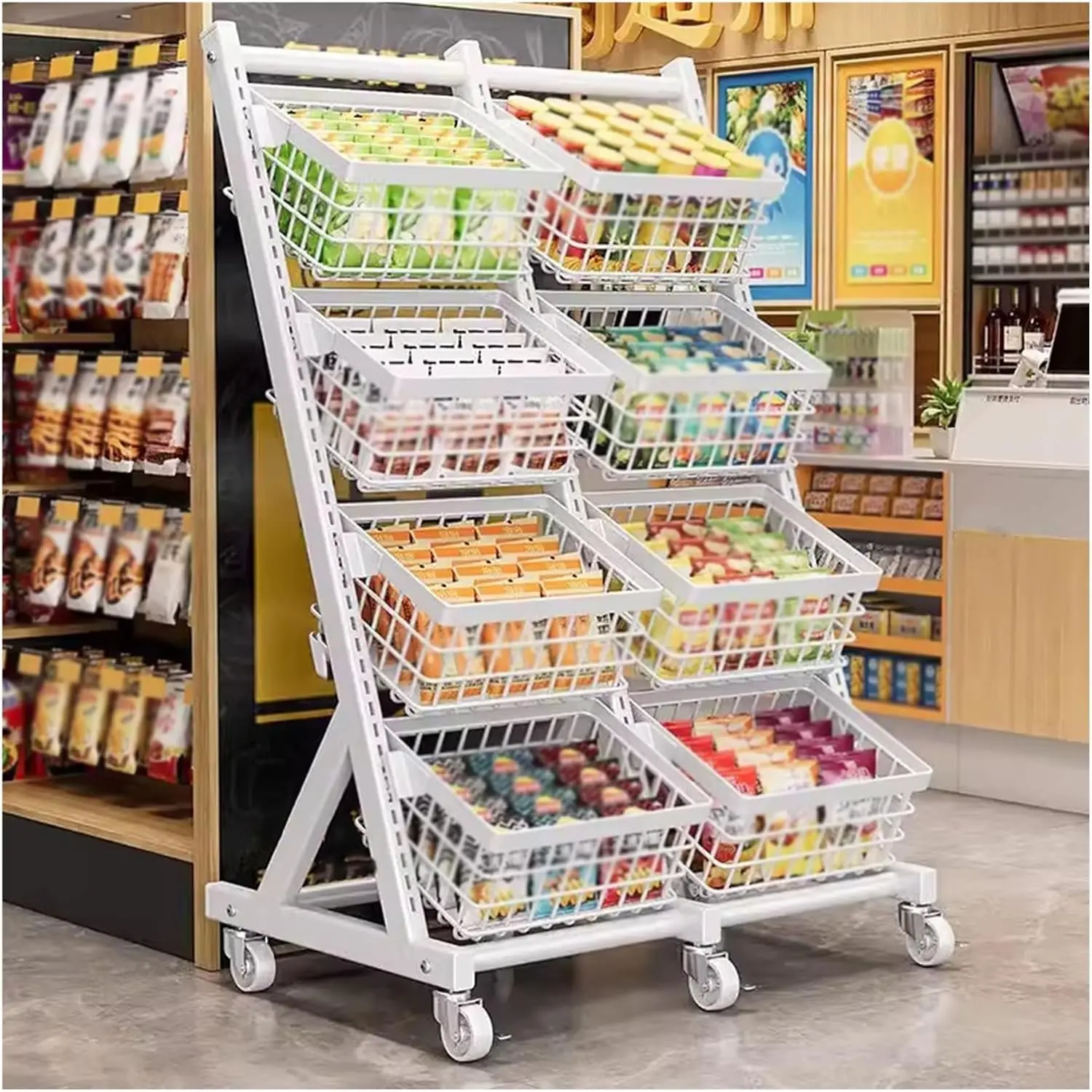 

Supermarket Vegetable and Fruit Shelf Commercial Snack/Candy/Photo Chips Stand Convenience Store Display Shelves with Basket