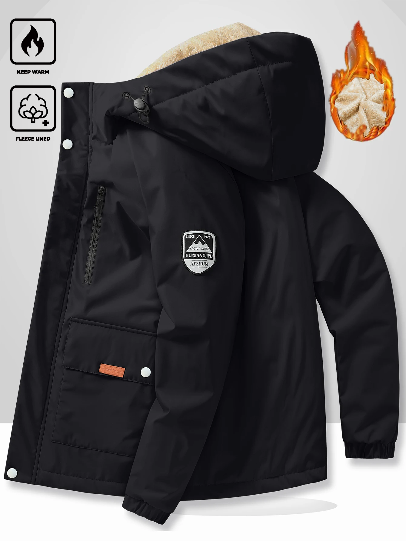 Men Fleece Lined Hooded Jacket Thick Warm Winter Cargo Parka Windproof Outdoor Hooded Coat Multi Pockets Casual Streetwear