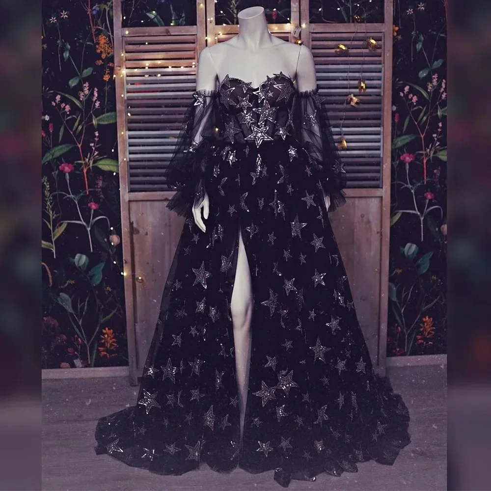 

Black Starry Tulle Prom Dresses with Side Slit Sweetheart Puff Sleeves Pleat Ruched A-Line Evening Gowns Formal Party Dress