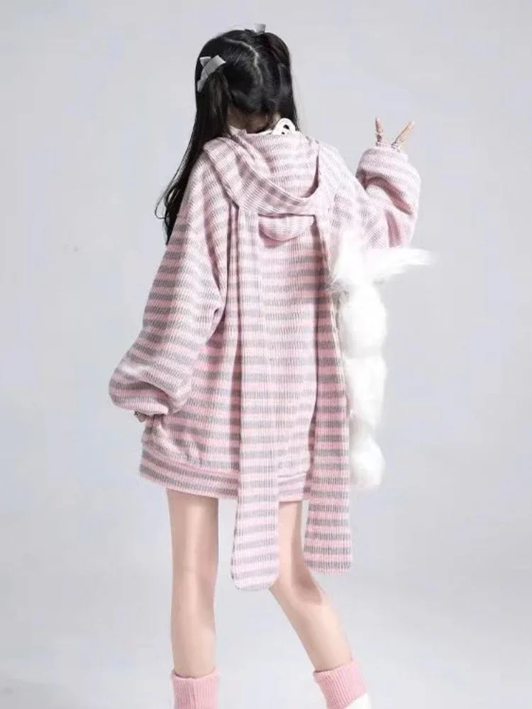 QWEconvex-Cardigan Harajuku Kawaii pour Fille, Manteau à Fermeture Éclair, Mignon, Rayé, Oreille de Lapin, Doux, Mode Japonaise, Y2k, 2023 Y-