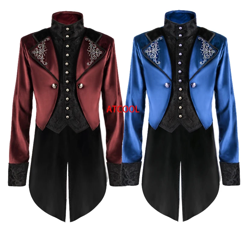 S-4XL Men\'s Steampunk Renaissance Flocking Medieval Tuexdo Cosplay Gothic Victorian Tailcoat Vampire Devil Jacket Party Costume